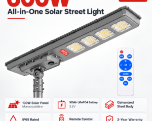 FOS FORTIS 600W solar street light features with 100W solar panel, 100Ah LiFePO4 battery and IP65 protection