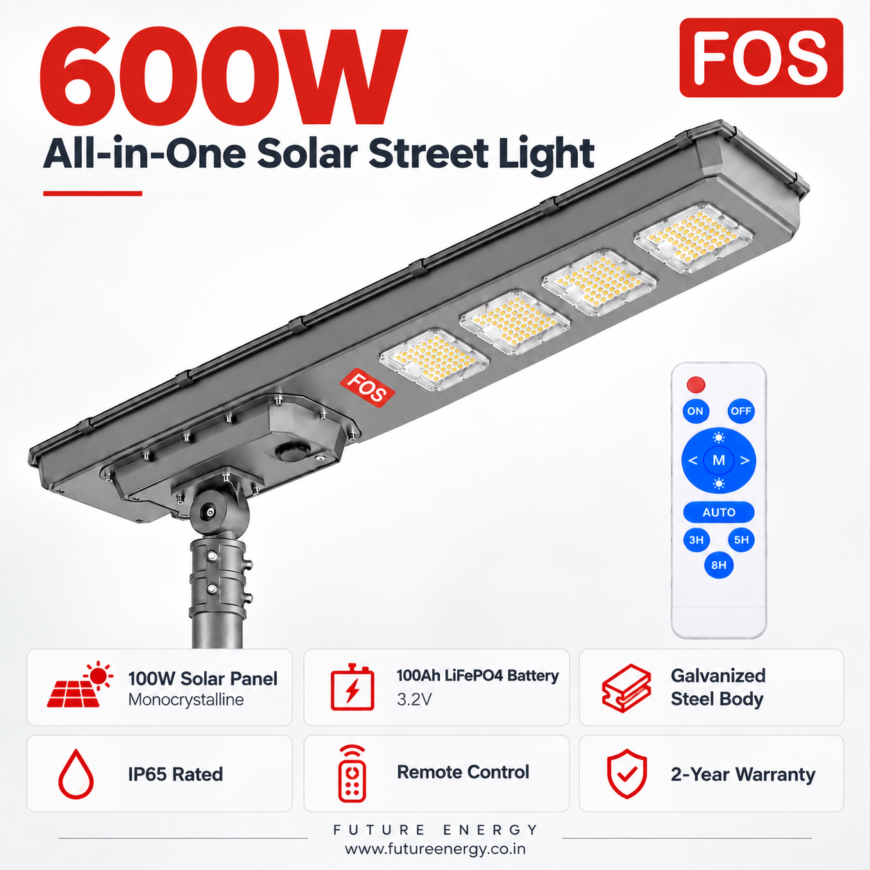 FOS FORTIS 600W solar street light features with 100W solar panel, 100Ah LiFePO4 battery and IP65 protection