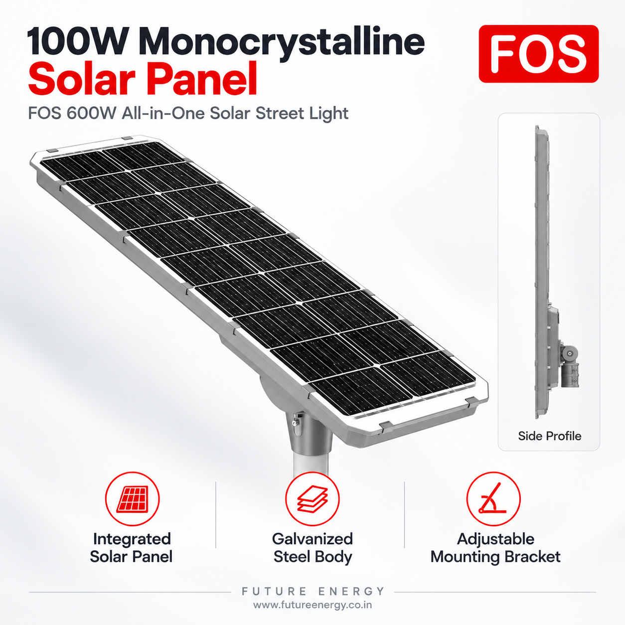 Rear view of FOS FORTIS 600W solar street light showing its integrated 100W monocrystalline solar panel