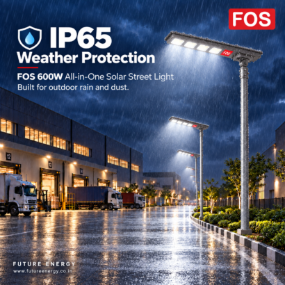 FOS FORTIS 600W solar street lights illuminating a logistics park in rain with IP65 protection