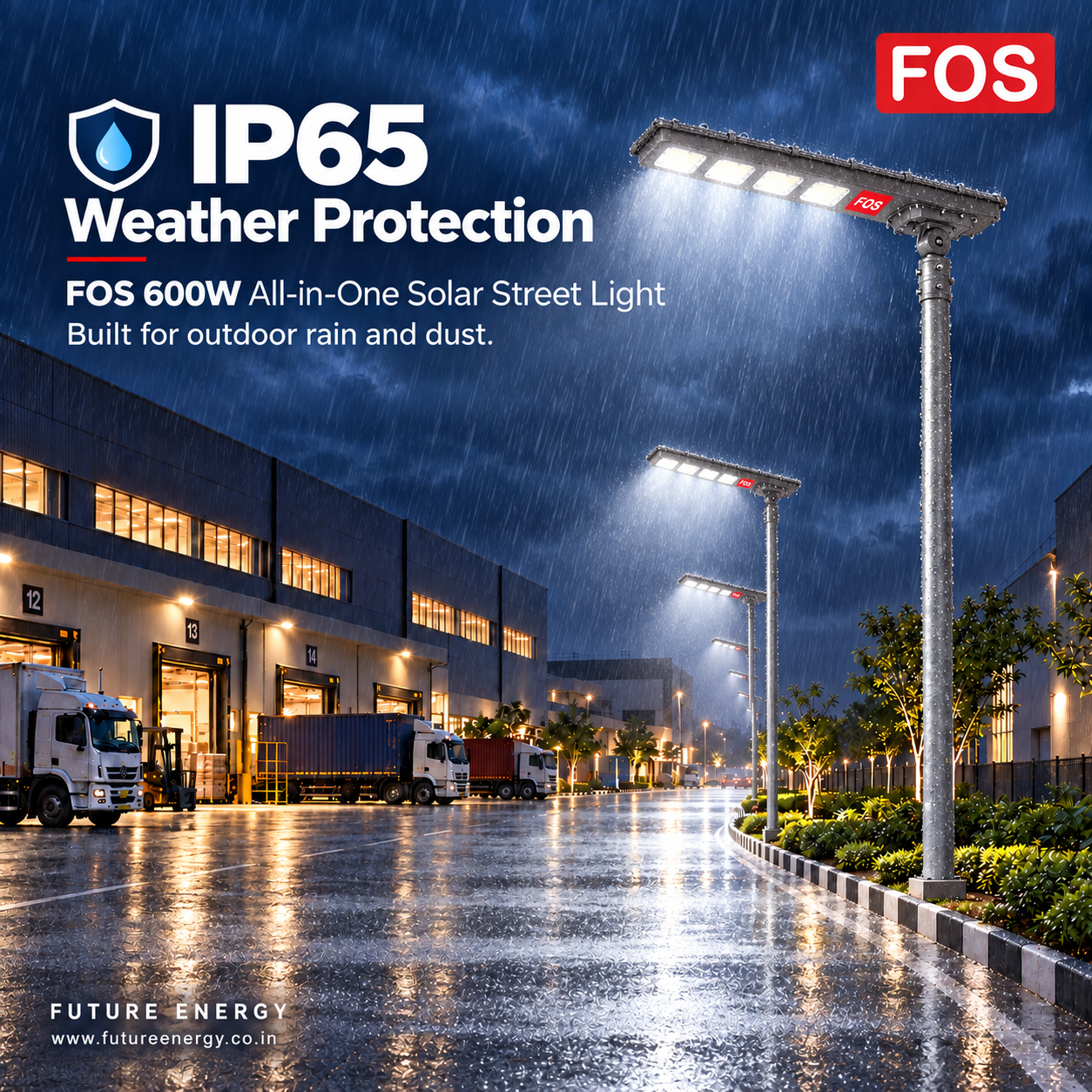 FOS FORTIS 600W solar street lights illuminating a logistics park in rain with IP65 protection