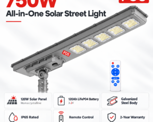 FOS FORTIS 750W solar street light features with 120W solar panel, 120Ah LiFePO4 battery and IP65 protection