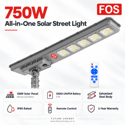 FOS FORTIS 750W solar street light features with 120W solar panel, 120Ah LiFePO4 battery and IP65 protection