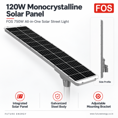 Rear view of FOS FORTIS 750W solar street light showing its integrated 120W monocrystalline solar panel