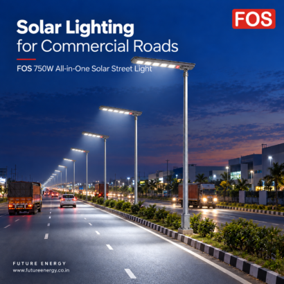 FOS FORTIS 750W solar street lights mounted along a commercial road for nighttime illumination