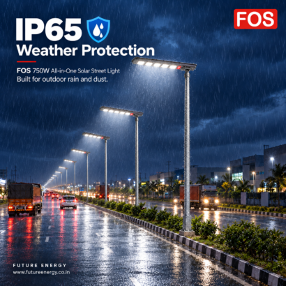 FOS FORTIS 750W solar street lights illuminating a commercial road in rain with IP65 protection