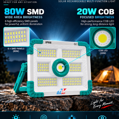 REALBUY POWERBASE 80 rechargeable LED light with six SMD panels and COB