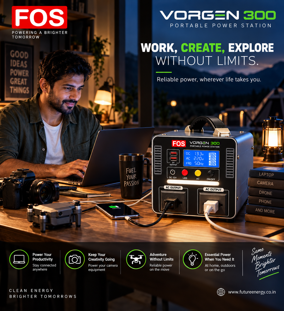 FOS VORGEN 300 Portable Power Station | 300W Pure Sine Wave | 307Wh LiFePO4 Battery