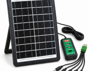 FOS 15W solar mobile charger with monocrystalline panel, USB charging adapter and five-connector cable on a white background