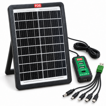 FOS 15W solar mobile charger with monocrystalline panel, USB charging adapter and five-connector cable on a white background