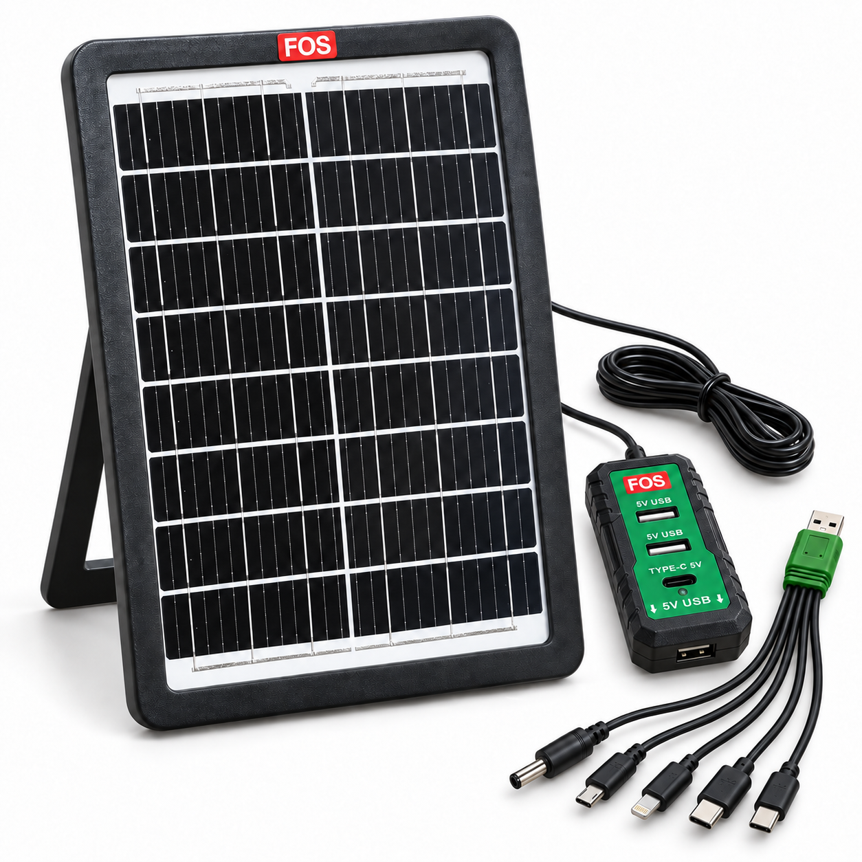 FOS 15W Solar Mobile Charger – Hero FOS 15W solar mobile charger with monocrystalline panel, USB charging adapter and five-connector cable on a white background
