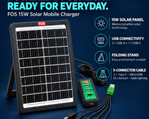 FOS 15W solar charger features: monocrystalline panel, three USB-A ports, USB-C, folding stand and five-connector cable