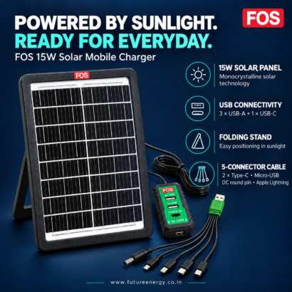 FOS 15W solar charger features: monocrystalline panel, three USB-A ports, USB-C, folding stand and five-connector cable