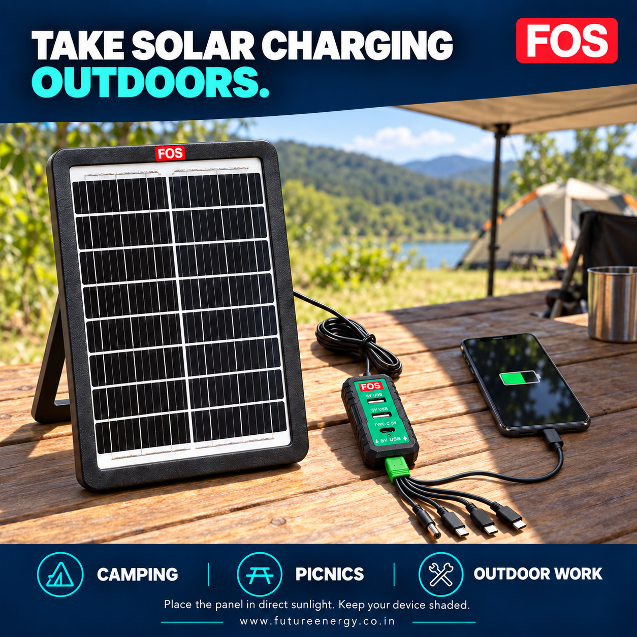 FOS 15W solar panel charging a shaded phone outdoors through the Type-C connector of the included five-connector cable