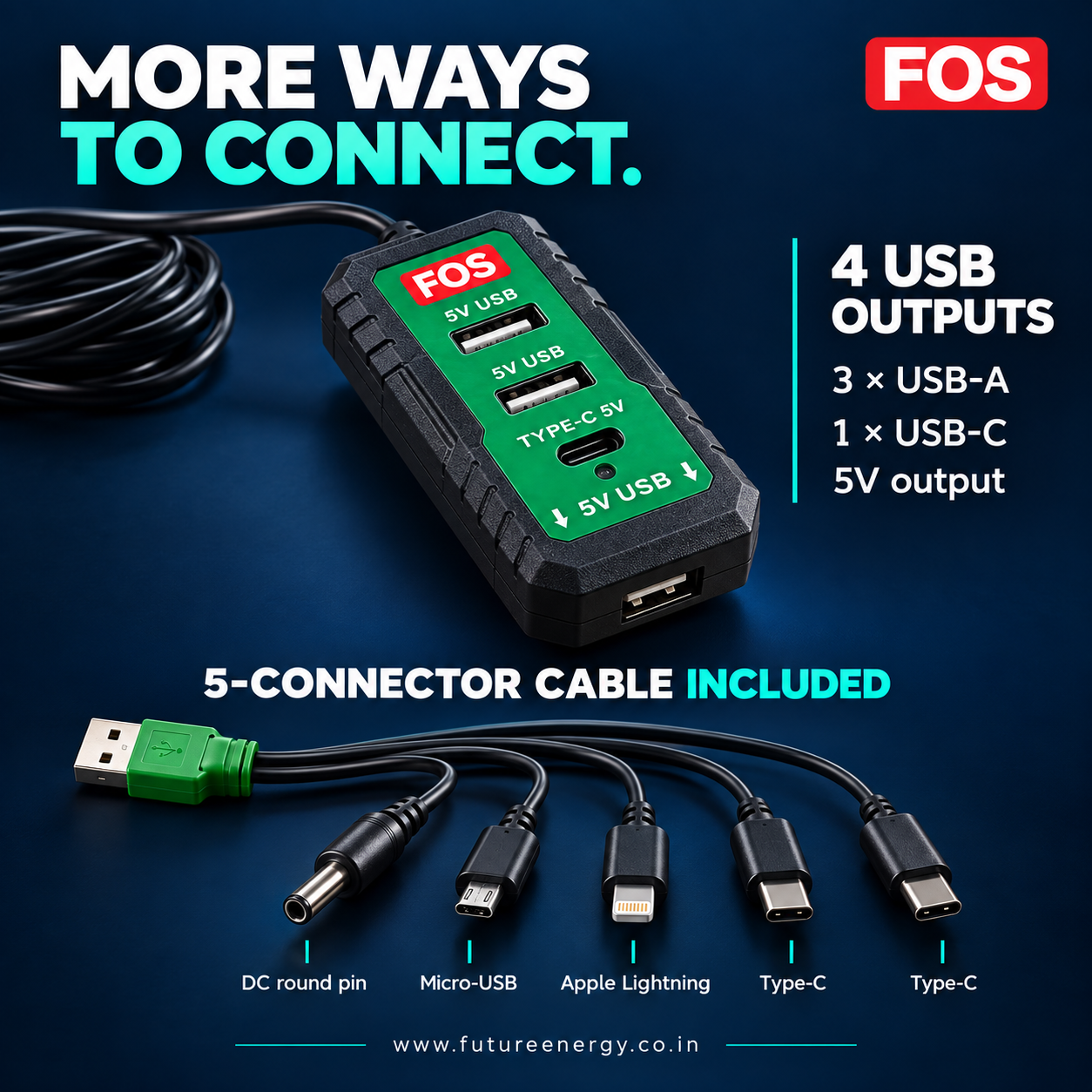 FOS solar charger USB adapter and cable with two Type-C, Micro-USB, DC round-pin and Apple Lightning connectors