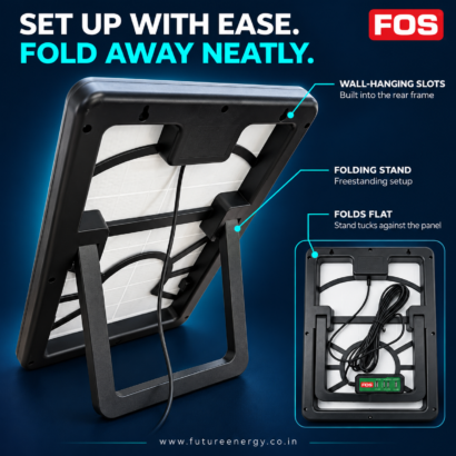 Rear view of the FOS 15W solar mobile charger showing the folding stand, wall-hanging slots and folded position