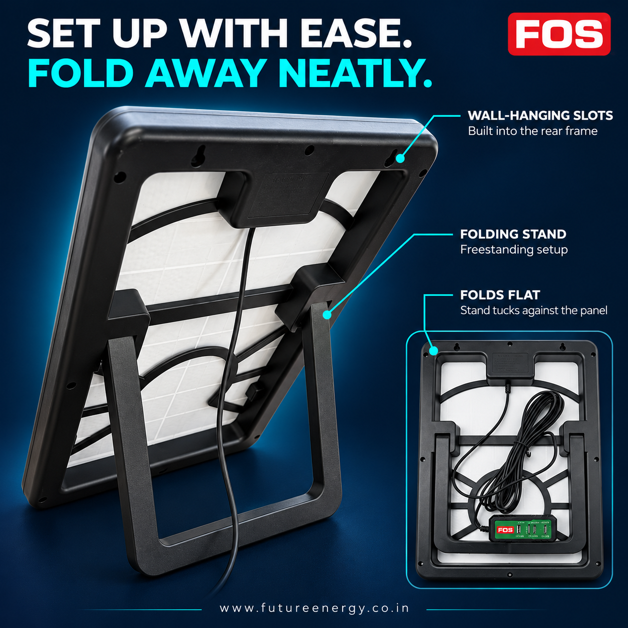 Rear view of the FOS 15W solar mobile charger showing the folding stand, wall-hanging slots and folded position
