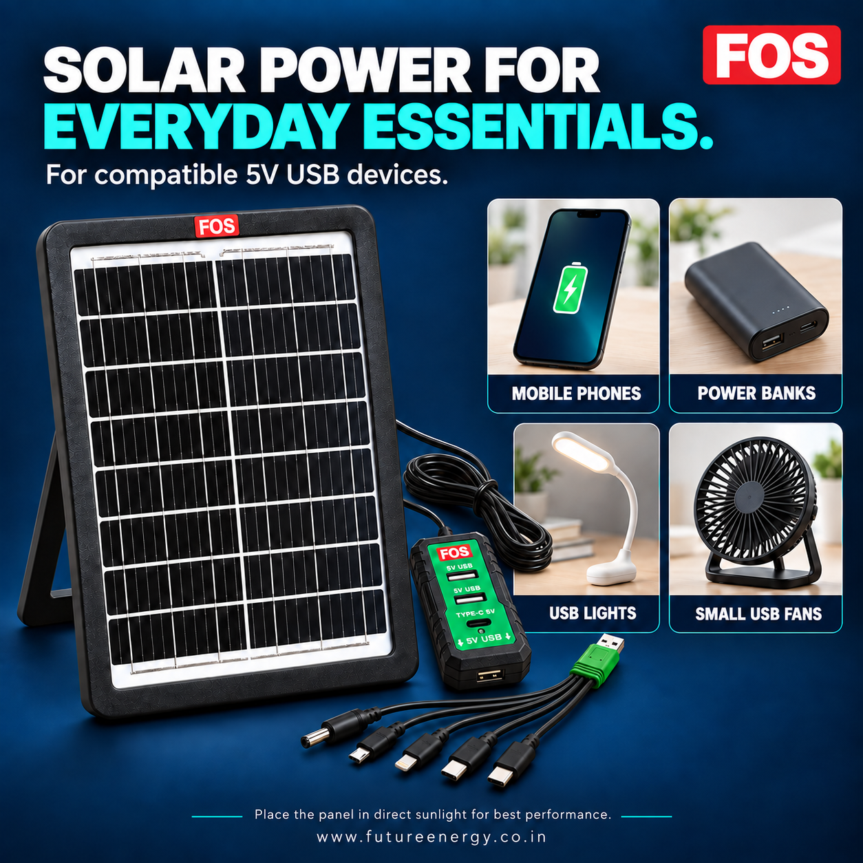 FOS 15W solar mobile charger for compatible 5V USB phones, power banks, USB lights and small USB fans