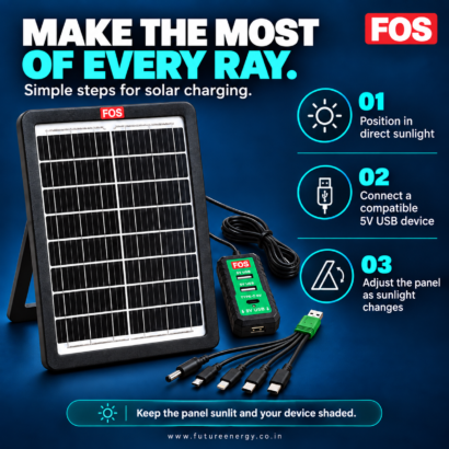 FOS 15W solar mobile charger quick-start guide: position in sunlight, connect a compatible 5V USB device and adjust the panel angle