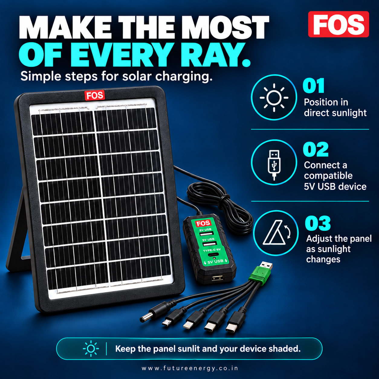FOS 15W solar mobile charger quick-start guide: position in sunlight, connect a compatible 5V USB device and adjust the panel angle