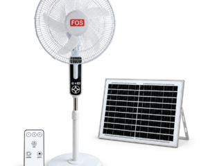 FOS 16-inch solar rechargeable pedestal fan with solar panel and upright remote control