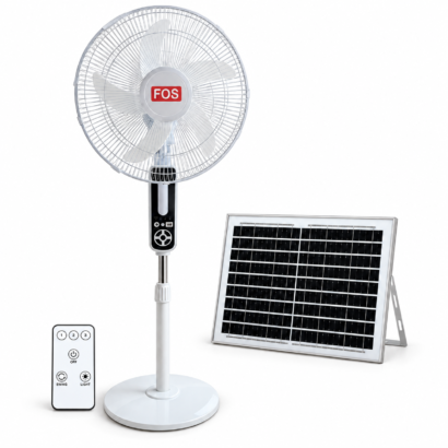 FOS 16-inch solar rechargeable pedestal fan with solar panel and upright remote control