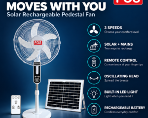 FOS solar rechargeable fan infographic showing key comfort and convenience features