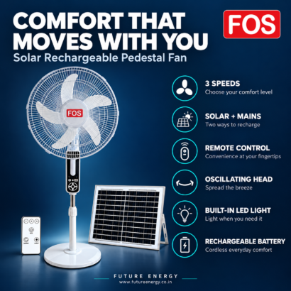 FOS solar rechargeable fan infographic showing key comfort and convenience features