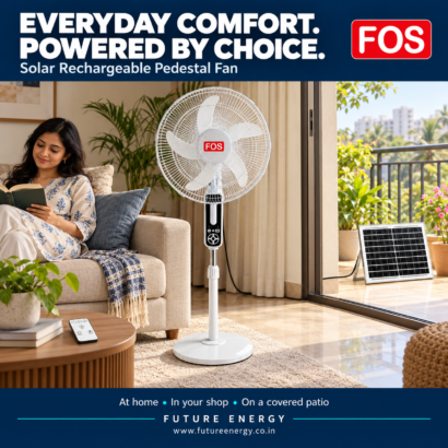 FOS solar rechargeable pedestal fan in a home setting for everyday cooling comfort