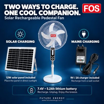 FOS rechargeable fan charging options with 12W solar panel and included 9V mains charger