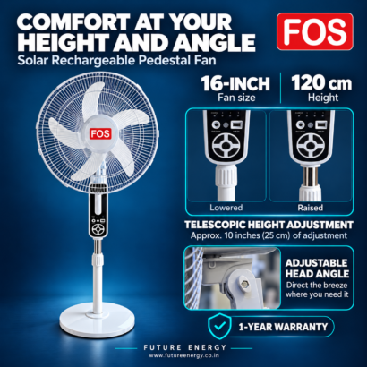 FOS pedestal fan with adjustable head angle and telescopic stand offering approximately 10 inches of height adjustment