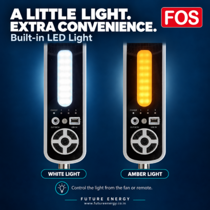 FOS solar rechargeable fan showing built-in white and amber LED lighting