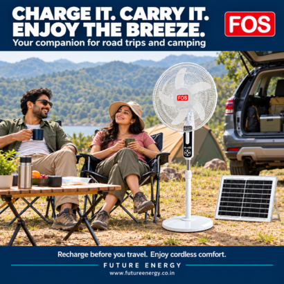 FOS rechargeable pedestal fan used at a vehicle-based road-trip campsite