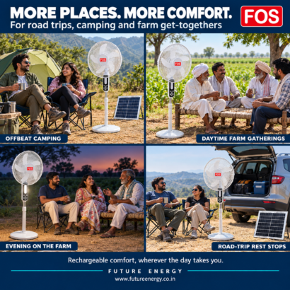 FOS rechargeable fan application collage showing daytime camping, farm gatherings and evening fan and light use