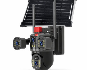 FOS 5MP triple-camera solar CCTV with solar panel, two antennas and branded camera housing