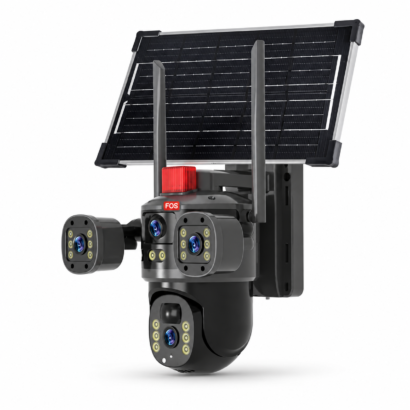 FOS 5MP triple-camera solar CCTV with solar panel, two antennas and branded camera housing
