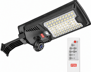 FOS 90W solar street light with 5MP 4G CCTV camera and included remote on a white background