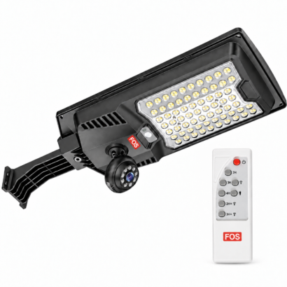 FOS 90W solar street light with 5MP 4G CCTV camera and included remote on a white background