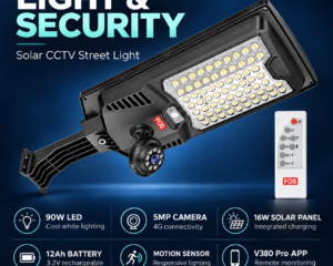 FOS 90W solar CCTV street light specifications with 5MP 4G camera, 16W solar panel and 12Ah battery
