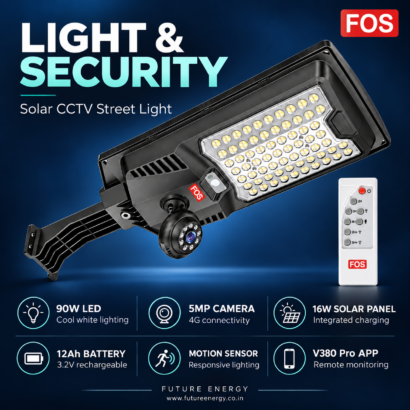 FOS 90W solar CCTV street light specifications with 5MP 4G camera, 16W solar panel and 12Ah battery