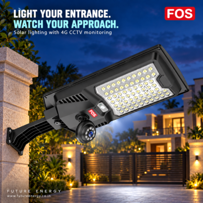 FOS solar CCTV street light illuminating a property entrance with its integrated security camera