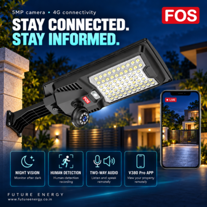 FOS 4G solar CCTV street light with V380 Pro mobile monitoring and two-way audio