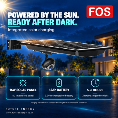 FOS solar CCTV street light with integrated 16W solar panel and 3.2V 12Ah rechargeable battery