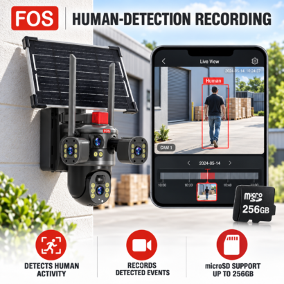 FOS triple-camera solar CCTV infographic showing human-detection recording and microSD support up to 256GB