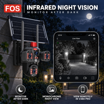 FOS triple-camera solar CCTV with infrared night vision and monochrome remote view in V380 Pro
