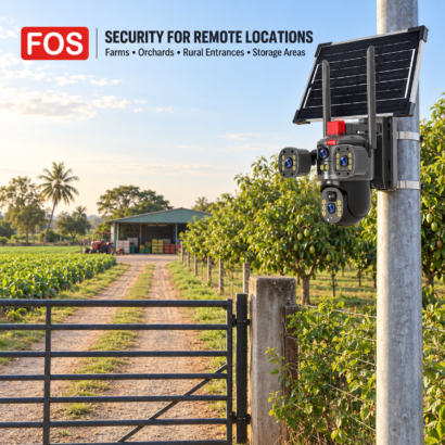 FOS triple-camera solar CCTV installed at a remote farm and orchard entrance