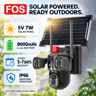FOS triple-camera solar CCTV with 7W solar panel, 8000mAh battery and IP66 weather resistance