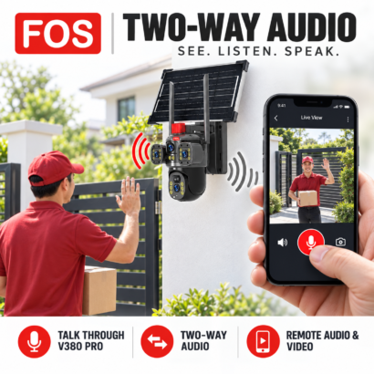 FOS triple-camera solar CCTV two-way audio demonstration using the V380 Pro mobile app