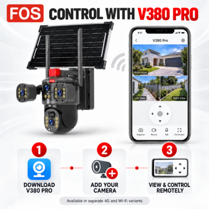 FOS triple-camera solar CCTV V380 Pro app setup and remote-control infographic