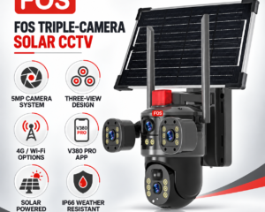 FOS 5MP triple-camera solar CCTV key-features infographic for 4G and Wi-Fi variants